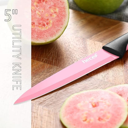 hecef 13 Pieces Kitchen Knife Set with Built-in Sharpening Wooden Block, Dishwasher Safe, High Carbon Stainless Steel Knife Block Set with Steak Knives, Kitchen Scissors, Pink