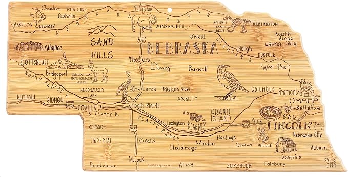 Totally Bamboo Destination Nebraska State Shaped Serving and Cutting Board, Includes Hang Tie for Wall Display