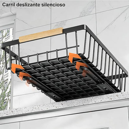 2 Pack No Drill Pull Out Cabinet Organizer, Carbon Steel Slide Out Drawer with Nano Adhesive, Kitchen Pantry Bathroom Under Cabinet Storage, Black