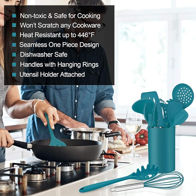 LIANYU 12-Piece Silicone Kitchen Cooking Utensils Set with Holder, Kitchen Tools Include Slotted Spatula Spoon Turner Ladle Tong Whisk, Dishwasher Safe, Dark Blue