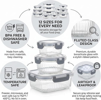 Glass Food Storage Containers with Lids, 12 Piece Glass Meal Prep Containers Set, Airtight Leakproof Snap Lock Lids, BPA-Free, Freezer Microwave Oven Dishwasher Safe, Ribbed Glass Containers
