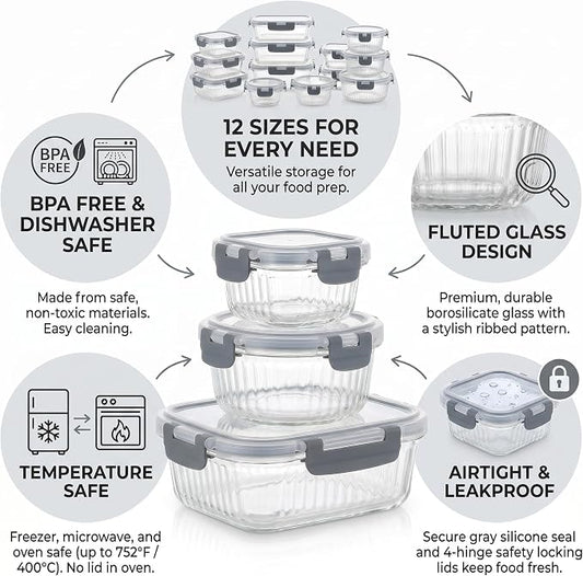 Glass Food Storage Containers with Lids, 12 Piece Glass Meal Prep Containers Set, Airtight Leakproof Snap Lock Lids, BPA-Free, Freezer Microwave Oven Dishwasher Safe, Ribbed Glass Containers