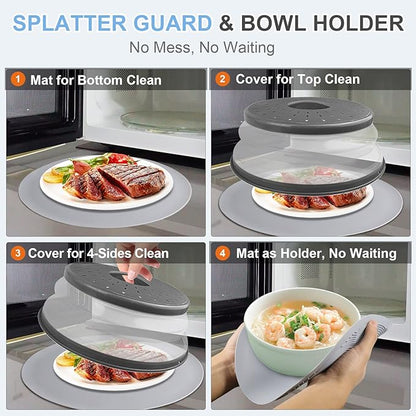 LekDrok Microwave Food Cover with Mat 12 Inch, Mat as Bowl Holder, Cover for Splatter Guard, Collapsible Lid for Plate Dish, Multi-Purpose Silicone Mat & Kitchen Colander Gadget for Meal Prep,Charcoal