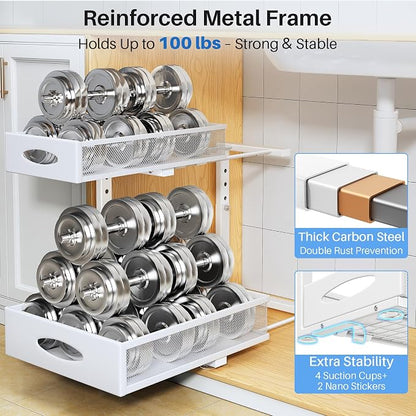 Under Sink Organizer, 2 Pack 2 Tier Pull Out Under Cabinet Organizer Shelf with Pad for Framed Cabinets, Metal Slide Out Under Sink Storage, Mesh Sliding Drawers for Kitchen Bathroom Laundry, White