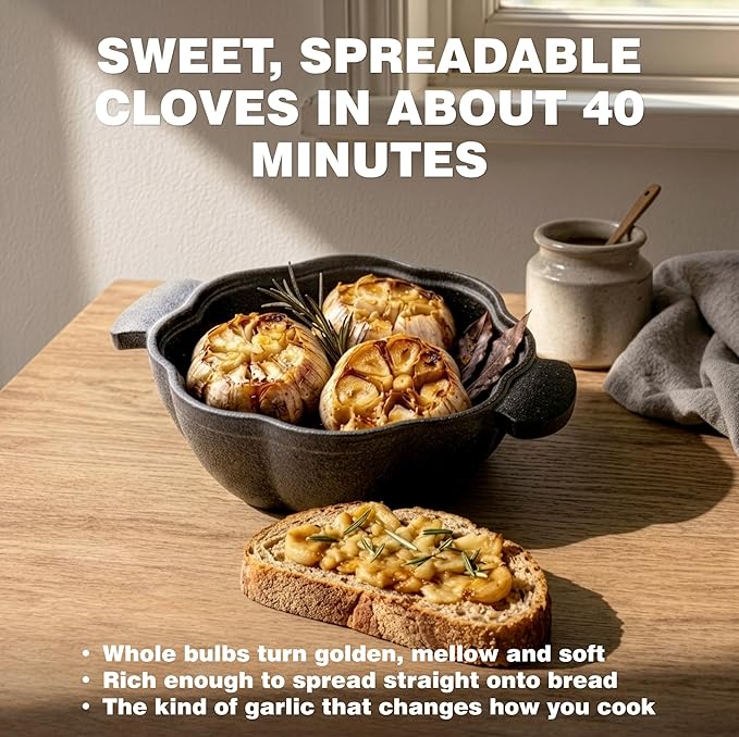 KUHA Cast Iron Garlic Roaster | Pre-Seasoned Small Cast Iron Cooker with Lid & Handle | Cookware for Smoker, Oven & Grill | Roast Garlic & Veggies | Lifter & Cleaning Brush Included | 5.3" Wide