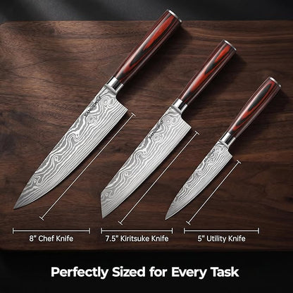 3-Piece Kitchen Knife Set, High Carbon Stainless Steel Sharp Knives with Sheaths - 8" Chef, 7.5" Kiritsuke, 5" Utility Knives for Home Cooks, Cooking, Meat & Vegetables