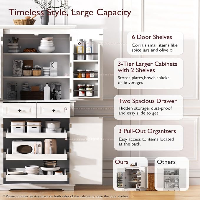 VilroCaz Wooden 71" H Kitchen Pantry with 3 Pull Out Cabinet Organizers, Freestanding Cupboard Storage Cabinet with 4 Doors and 2 Drawers, Farmhouse Embossed Texture Design (White-5.K)