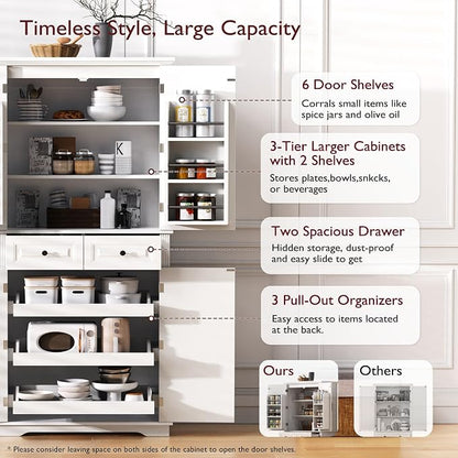 71.2" Tall Kitchen Pantry Cabinet with 3 Pull Out Cabinets Organizer, Farmhouse Embossed Texture Storage Cabinet with 6 Door Shelves, 2 Drawers, White Freestanding Cupboard for Kitchen, Dining Room