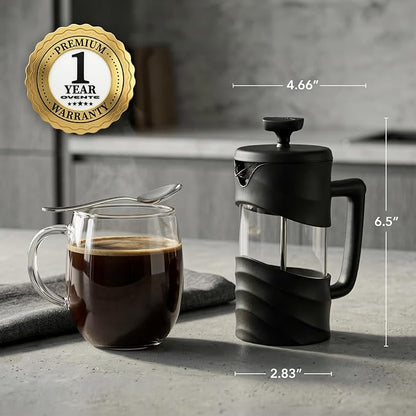 OVENTE French Press Coffee Maker 12 Ounce with Heat Resistant Borosilicate Glass & Stainless Steel 4-Level Filtration System, Portable Cold Brew Coffee Maker for Travel, Camping or Gift, Black FPW12B