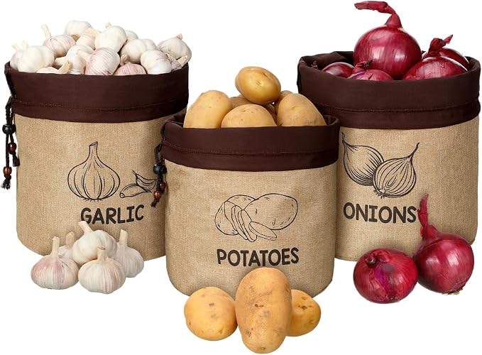3 Pcs Potato Onion Garlic Storage Bag, Washable Vegetable Storage Bags with Blackout Lining Farmhouse Kitchen Potato Sacks Food Onion Garlic Container for Pantry(Classic,Barncloth)
