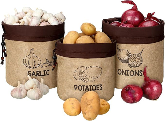 3 Pcs Potato Onion Garlic Storage Bag, Washable Vegetable Storage Bags with Blackout Lining Farmhouse Kitchen Potato Sacks Food Onion Garlic Container for Pantry(Classic,Barncloth)