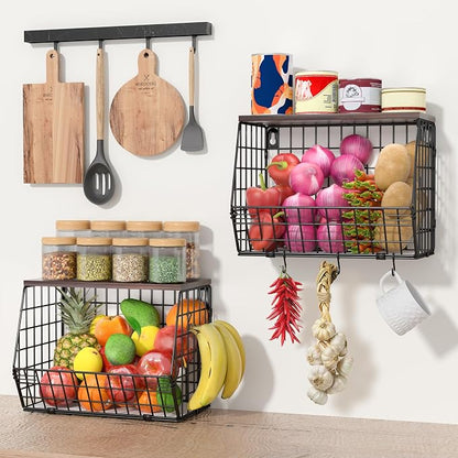 Wawocs Fruit Basket for Kitchen Counter 2 Tier Fruit Bowl, Stackable Wall Mounted Hanging Fruit Basket Wire Baskets with Wood Lid with 4 Banana Hanger Hooks, Onion Basket, Fruit and Vegetable Storage