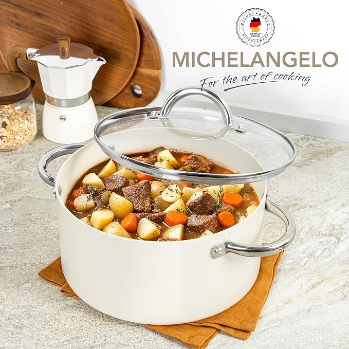 MICHELANGELO Stock Pot with Lid, Nonstick Cooking Pot, 5 Quart Soup Pot with Lid, Non Stick Pots with Stainless Steel Handle, Induction Compatible, Cream