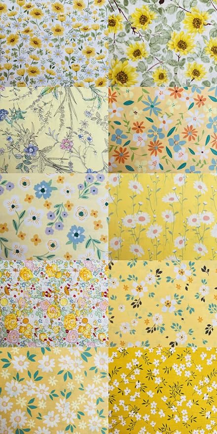 HANPATQUI 50PCS 12 x 12 inch 100% Cotton Fat Quarters Fabric for Sewing and Quilting Bundles Precut Fabric Square for DIY Craft Patchwork-Yellow Printed