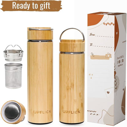 Bamboo Tea Tumbler Set of 2 Insulated Water Bottles 15oz & 17oz with Infuser Travel Set for Loose Leaves, Birthday Gift for Womens, Christmas Gift