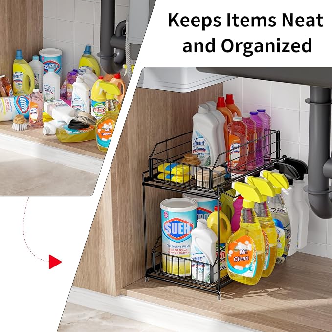 SUEH DESIGN Under Sink Organizers and Storage, 2 Pack | 2 Tier Metal, Hanging Rail, Kitchen Bathroom Cabinet Organizer