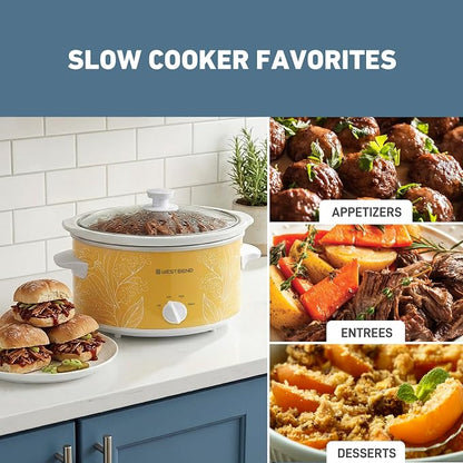 West Bend 4-Quart Manual Slow Cooker with 3 Cooking Settings, Dishwasher-Safe Ceramic and Glass Lid, 210 Watts, Yellow