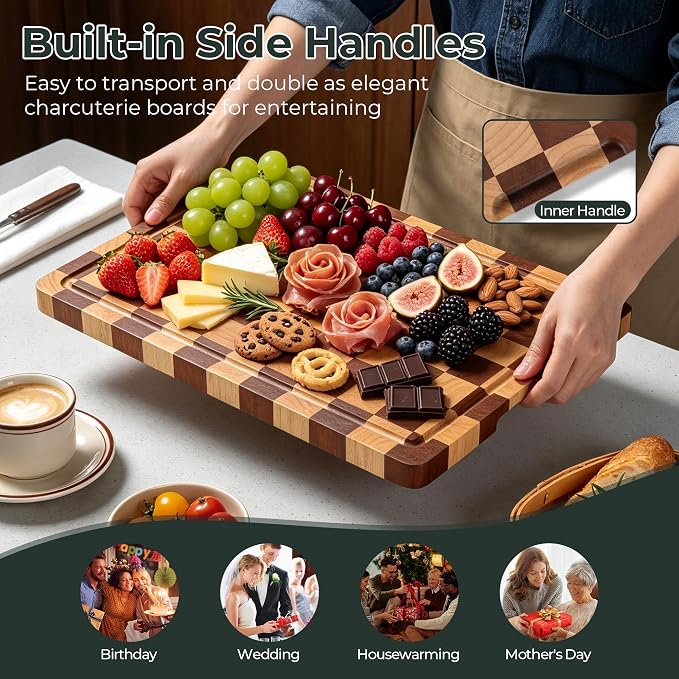 WILLKOMMEN Checkered Cutting Board for Kitchen– Wood Checkerboard Chopping Board Wooden Checker End Grain Cooking Board with Juice Groove & Handle Serving Board for Meat,Fruit,Bread,Vegetable