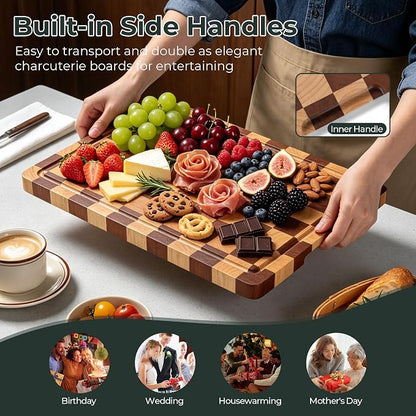 WILLKOMMEN Checkered Cutting Board for Kitchen– Wood Checkerboard Chopping Board Wooden Checker End Grain Cooking Board with Juice Groove & Handle Serving Board for Meat,Fruit,Bread,Vegetable