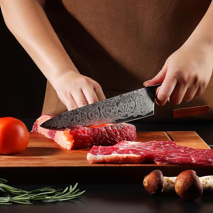 Professional Japanese Damascus Chef Knife 8 Inch - VG-10 High Carbon Steel, Ergonomic Resin Handle with Leather Sheath & Luxury Gift Box