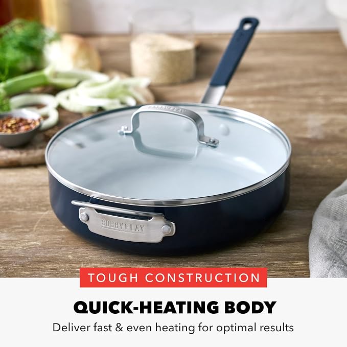 GreenPan x Bobby Flay 4.5QT Nonstick Saute Pan with Glass Lid, PFAS-Free Diamond Ceramic, Induction Suitable, Stay-Cool Silicone Handle, Easy Clean Dishwasher & Oven Safe, Navy Blue