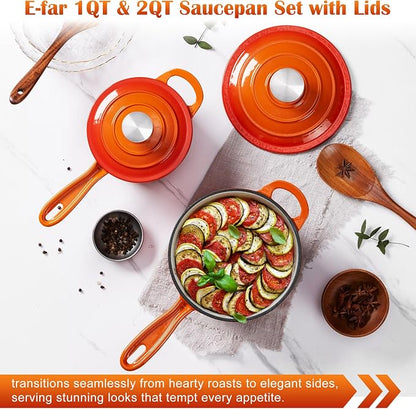 E-far Sauce Pan Set with Lid, 1Qt & 2Qt Enameled Cast Iron Pot Sets for Kitchen Cooking, Small Heavy Duty Dutch Oven Saucepans & Self-basting Lids, Induction-Ready & Easy Clean, Orange