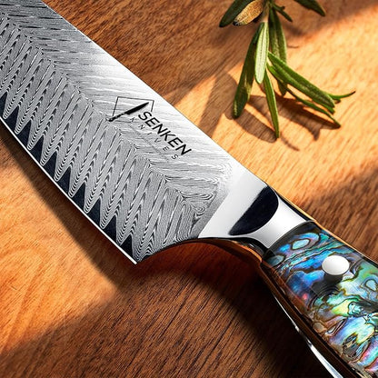 SENKEN Damascus Steel 8" Chef Knife with Real Deep-Sea Abalone Shell Handle - Umi Collection - 67-Layer Japanese VG10 Forged Steel Blade, Integrated Full-Tang Molding, Angled Bolster (8" Chef Knife)