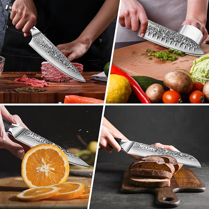 MOSFiATA Damascus Chef Knife Set 5PCS-Professional Sharp High Carbon VG10 Stainless Steel Kitchen Knife with Finger Guard, Knife Sharpener Rod Gift
