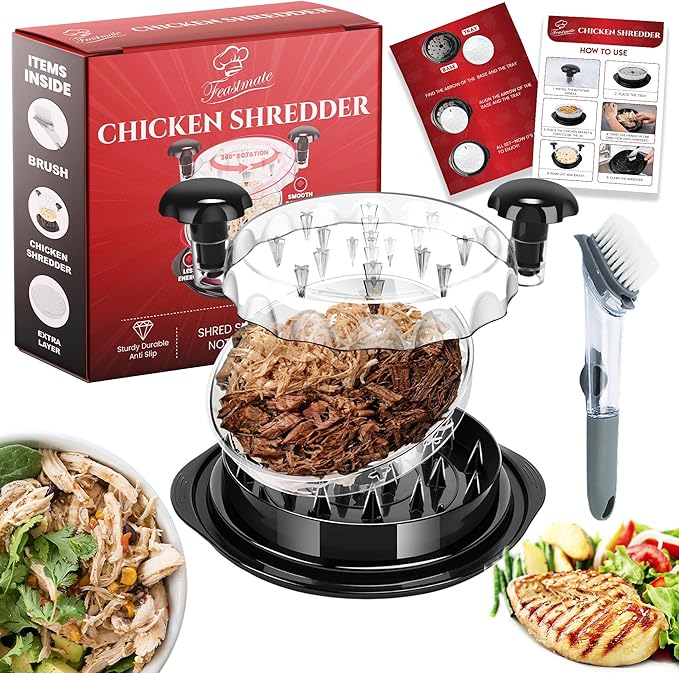 Chicken Shredder Tool Twist 10" Upgraded 3-Layer Meat Shredder for Chicken Breast, Pork & Beef | Transparent Visible Lid Food Shredder with Removable Plate, Soap Dispenser Brush, Non-Slip, BPA-Free