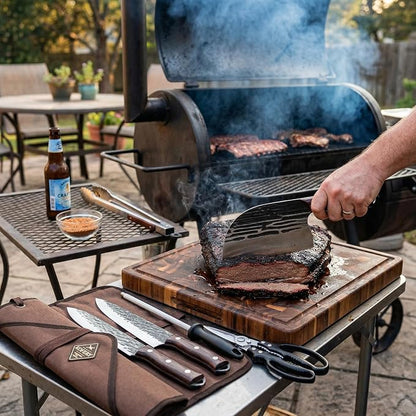 KOFERY Hand Forged Butcher Knife Set with Full Tang Damascus Steel for Pit Master BBQ, Smoking Meat and Meat Carving, Including Roll Bag, Shears and Sharpener for Outdoor Camping Gifts for Men