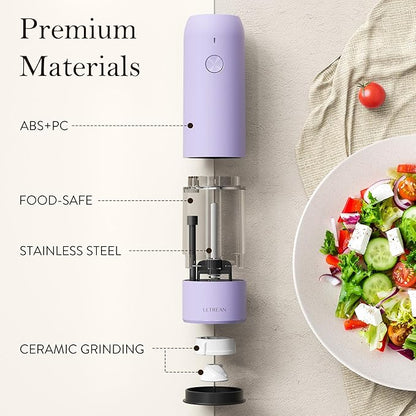 Ultrean Pepper Grinder, Rechargeable Salt and Pepper Grinder with 6 Adjustable Coarseness, LED Light, Automatic Salt and Pepper Shakers, Kitchen Gadgets, Gifts for Women, Lavender Purple