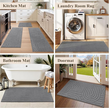 U'Artlines Kitchen Rugs and Mats Set of 3, Non Skid Washable Grey Geometric Kitchen Mats for Floor, Absorbent and Stain Resistant Floor Mat for Laundry, Sink Decor 20x32+20x48+20x59
