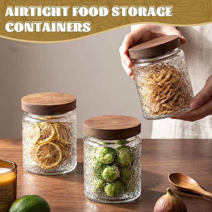 Suclain 6 Pcs 17 OZ Vintage Glass Jar with Acacia Wood Lids Airtight Glass Storage Canisters Kitchen Spice Jars Food Storage Containers for Pantry Coffee Grains Tea Sugar Flour(Stars)