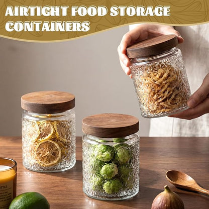 Suclain 6 Pcs 17 OZ Vintage Glass Jar with Acacia Wood Lids Airtight Glass Storage Canisters Kitchen Spice Jars Food Storage Containers for Pantry Coffee Grains Tea Sugar Flour(Stars)