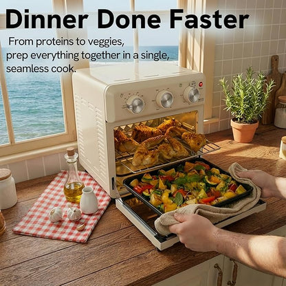 VAL CUCINA 6-in-1 Retro Air Fryer Toaster Oven Combo, Compact 12.7 QT Small Countertop Convection Oven, Fits 9" Pizza & 4 Toast, Hexagon Hybrid Heating, Enamel Baking Pan Included, Almond Yellow Color