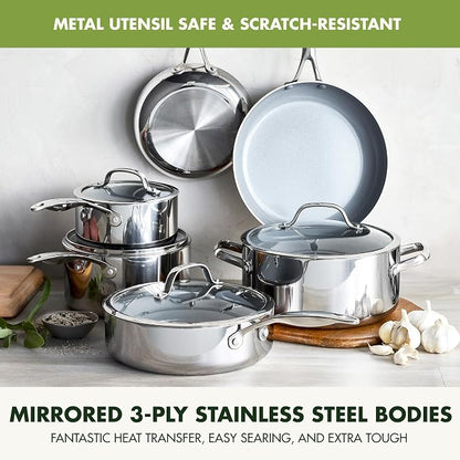 GreenPan Valencia Pro Tri-Ply Stainless Steel 10 Piece Cookware Set, PFAS-Free Ceramic Nonstick Coating, Induction Ready Pots & Pans, All Cooktops, Dishwasher & Oven Safe to 600F