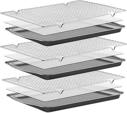 BEWOS Baking Sheet Pans With Racks Set - Including 17.6 × 12 × 1.26 Inch Carbon Steel Baking Sheet, Set of 106 (3 Sheets + 3 Cooling Racks + 100 Parchment Paper), Nonstick Bakeware sets for Baking