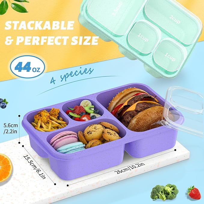 Bento Box 4-Pack 5-Compartment Meal Prep Containers, BPA-Free Plastic, Stackable Food Storage Lunch Boxes for Adults and Kids, School Work Travel (4 Colors)