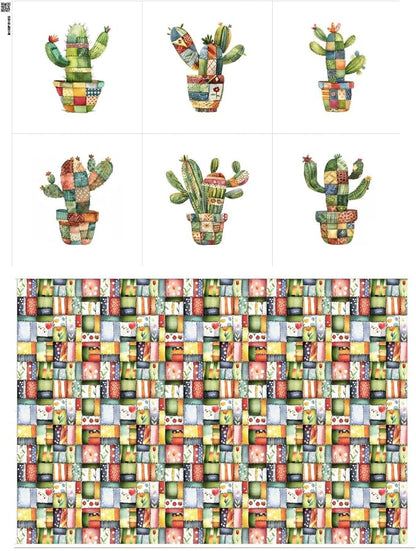 Patchwork Cactus Cotton Fabric Panel – Six 10×10 inch Designs + Bonus 29.5×19.6 inch Patchwork Sheet, 100% Turkish Cotton 140 GSM