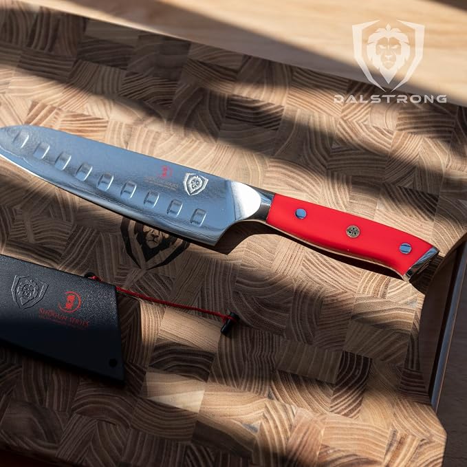 Dalstrong Santoku Knife - 7 inch - Shogun Series - Damascus - Japanese AUS-10V Super Steel Kitchen Knife - Vacuum Treated - Crimson Red ABS Handle - Razor Sharp Vegetable Knife - w/Sheath