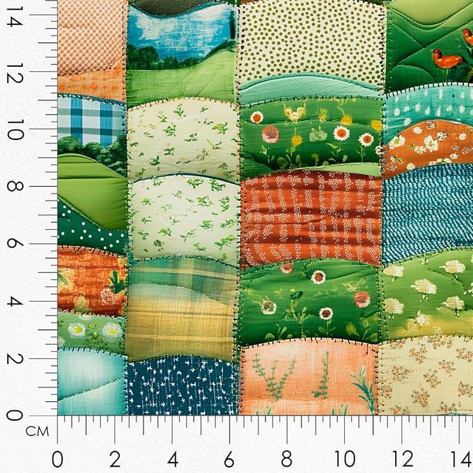 Patchwork Green Hills Cotton Fabric Panel – 6 Designs (10×10 inch Each) + Bonus Sheet 29.5×19.6 inch, 100% Cotton 140 GSM, Made in Türkiye