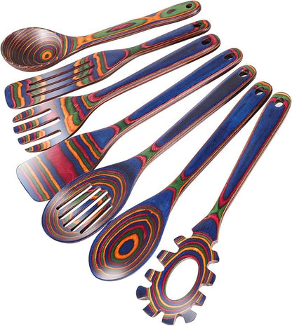 MYRAINBOW Wooden Spoons for Cooking – 7 Piece Pakkawood Kitchen Utensils Set with Spatulas, Spoons, Ladles, and Turner for Mixing, Serving & Cooking