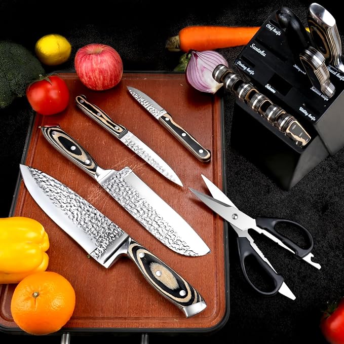 Knife Sets for Kitchen,15-piece Hammered Desgin Knife Set with Block and Sharpener, High Carbon Stainless Steel Chef Knives with Grey Triple Rivet Handle, Ultra Sharp and Dishwash Safe