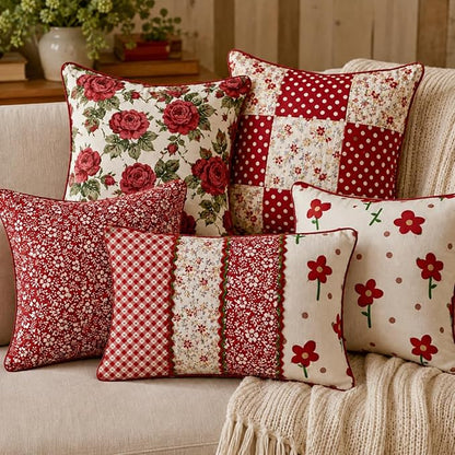 DMFR Red Floral Fabric Squares 5x5 Inch, 42 Pcs 100% Cotton Charm Packs for Quilting, Red and White Precut Quilt Squares for Patchwork, Sewing, Doll Clothes, Scrapbooking and DIY Crafts