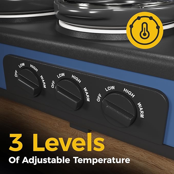 Triple Slow Cooker, 3 x 2.5 QT Buffet Food Warmer with Removable Ceramic Pots, Buffet Servers and Warmers with Glass Lids and 3 Spoons, Stainless Steel, Blue