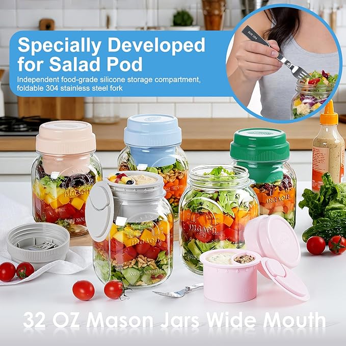 [UPGRADE] 4 Pack Green Salad Jars with Lids and Airtight Silicone Dressing Cup, Square Glass Salad Container for Lunch with Foldable Fork for Men/Women, 32 Oz Mason Jar for Overnight Oats Meal Prep