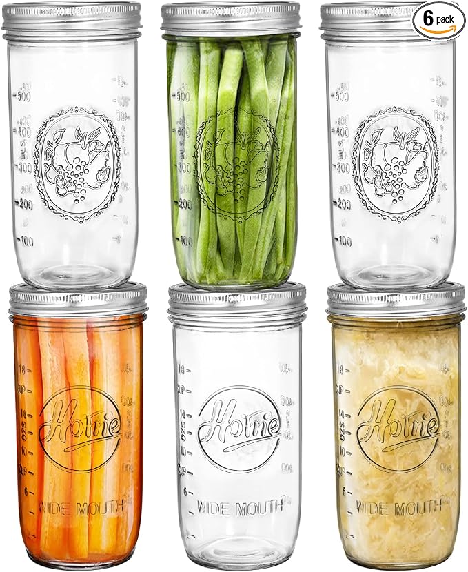 Tebery 6 Pack Wide Mouth Home Glass Mason Jars with Airtight Lids and Bands, 24-Ounce Canning Glass Jars for Canning, Fermenting, Pickling, Meal Prep, Overnight Oats, Jam, Jelly