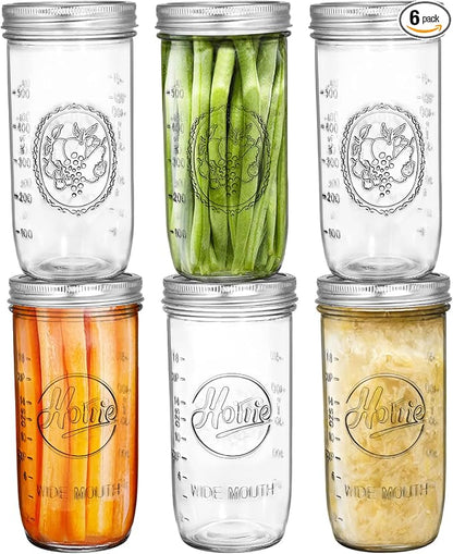 Tebery 6 Pack Wide Mouth Home Glass Mason Jars with Airtight Lids and Bands, 24-Ounce Canning Glass Jars for Canning, Fermenting, Pickling, Meal Prep, Overnight Oats, Jam, Jelly