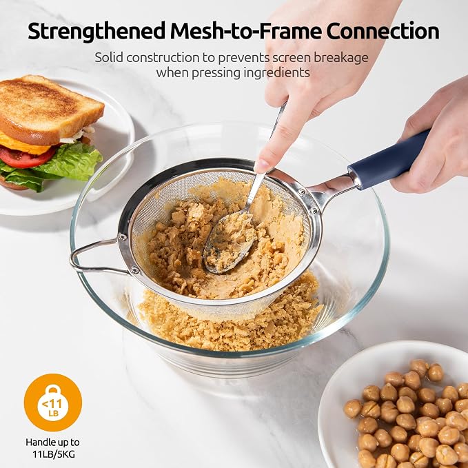 U-Taste Medium Fine Mesh Strainer: 18/8 Stainless Steel 4.73in 30 Mesh Kitchen Food Sieve with Sturdy Riveted Silicone Handle, Heavy Duty Deep Handheld Metal Colander for Rice, Quinoa(Midnight Blue)