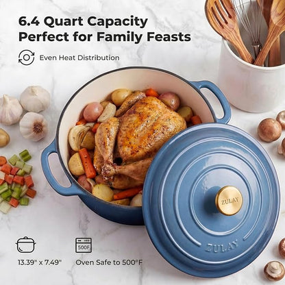 Zulay Kitchen 6.4QT Enameled Cast Iron Dutch Oven Pot with Lid, Heavy-Duty Soup Pot for Stews, Braising, Roasting & Sourdough Bread Baking, Oven Safe up to 500°F - Aquamarine